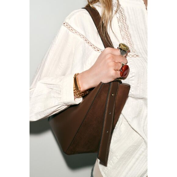 ZARA Brown Faux Leather Combination Bucket Bag - Picture 5 of 12